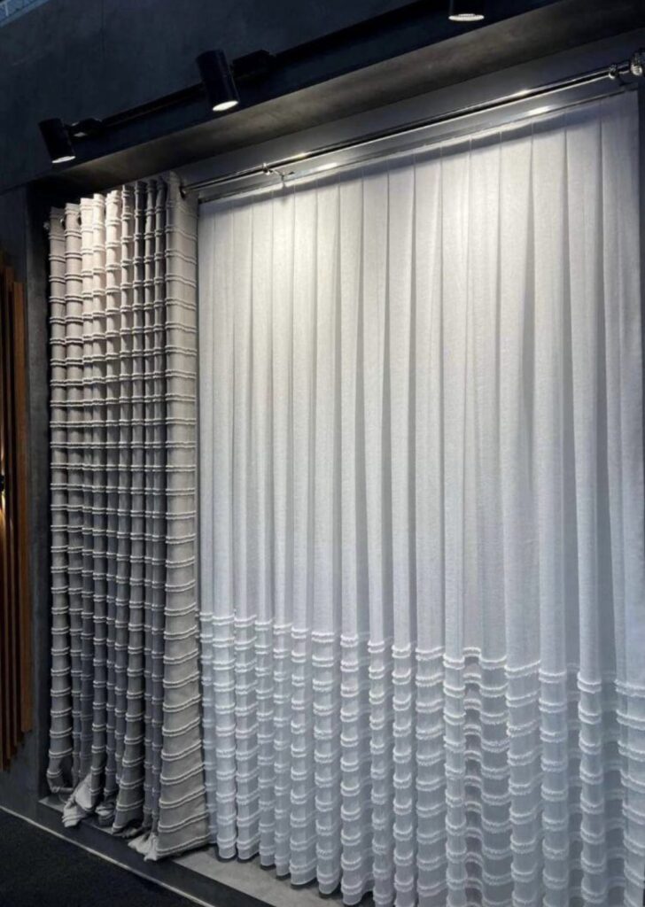 Jakarlı düz çizgili keten zemin tül perde ponpon detaylı süper lüx gramajlı ütü istemez kırışmaz - 4